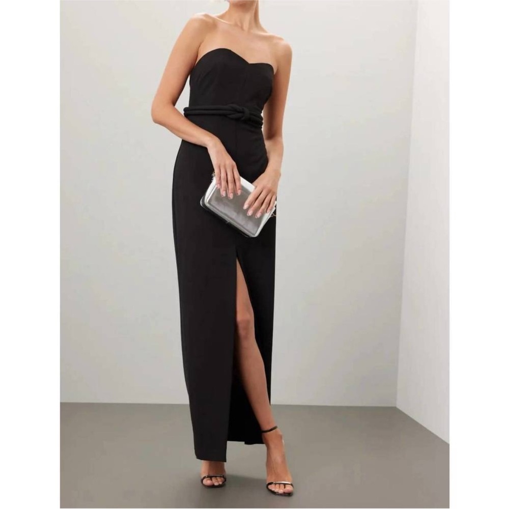 Badgley Mischka Black Strapless Evening Gown with Front Slit